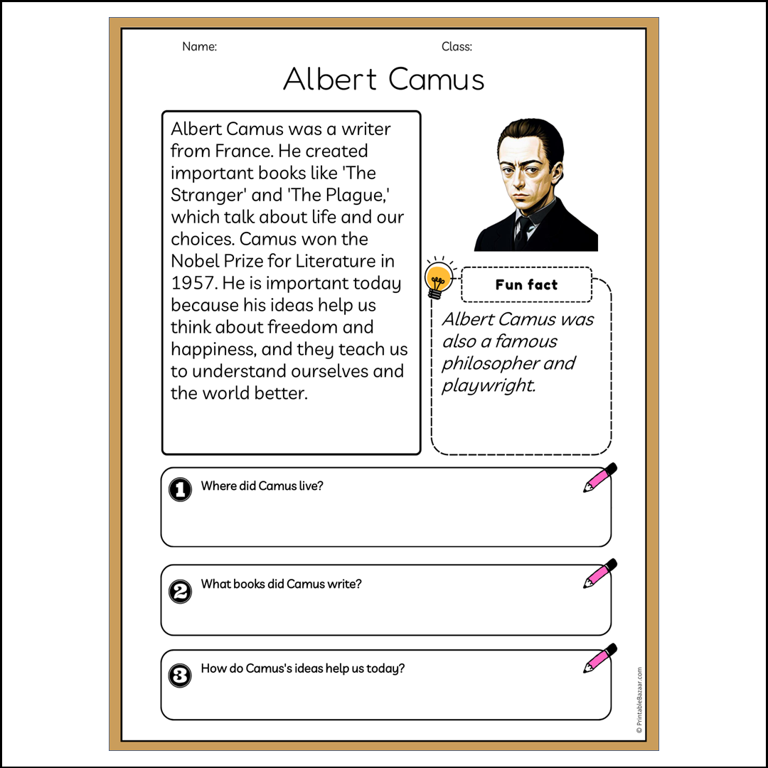 Albert Camus | Reading Passage Comprehension Questions Writing Facts Worksheet