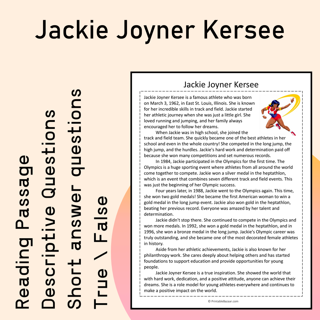 Jackie Joyner Kersee | Reading Comprehension Passage Printable Activity