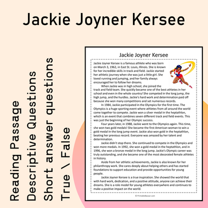 Jackie Joyner Kersee | Reading Comprehension Passage Printable Activity
