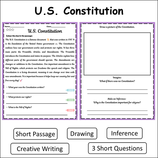 U.S. Constitution | Short Reading Comprehension Creative Worksheet