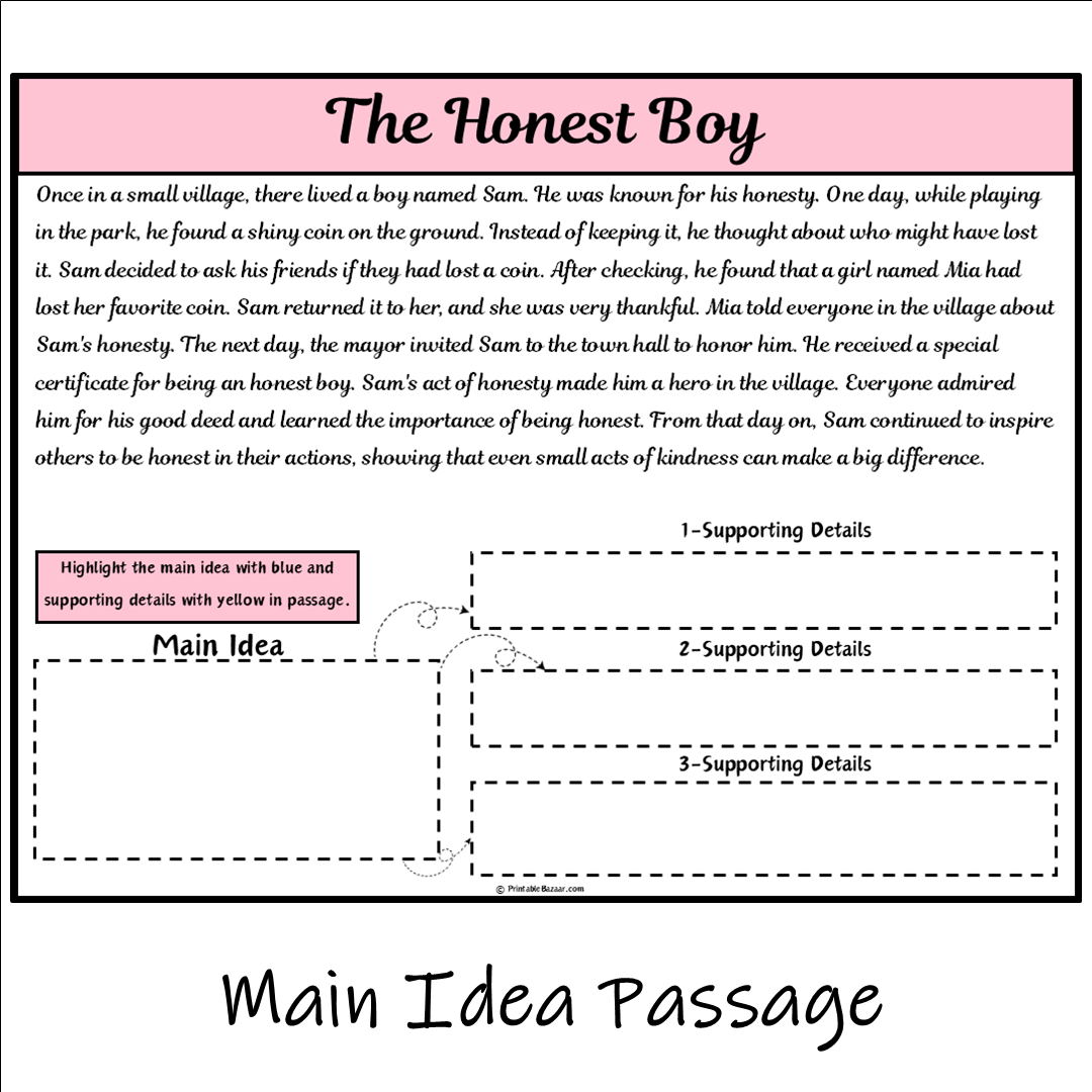 The Honest Boy | Main Idea and Supporting Details Reading Passage and Questions