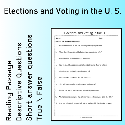 Elections and Voting in the U. S. | Reading Comprehension Passage Printable Worksheet