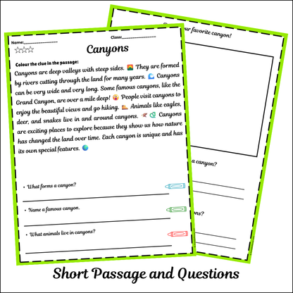 Canyons | Short Reading Comprehension Creative Worksheet