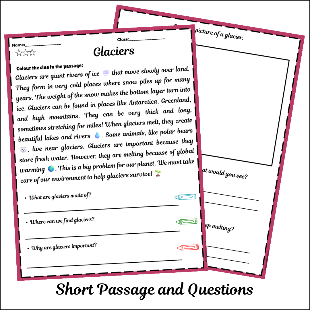 Glaciers | Short Reading Comprehension Creative Worksheet