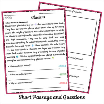 Glaciers | Short Reading Comprehension Creative Worksheet