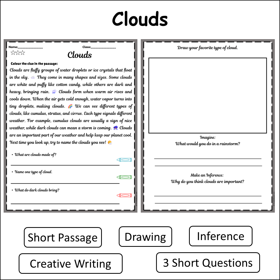 Clouds | Short Reading Comprehension Creative Worksheet