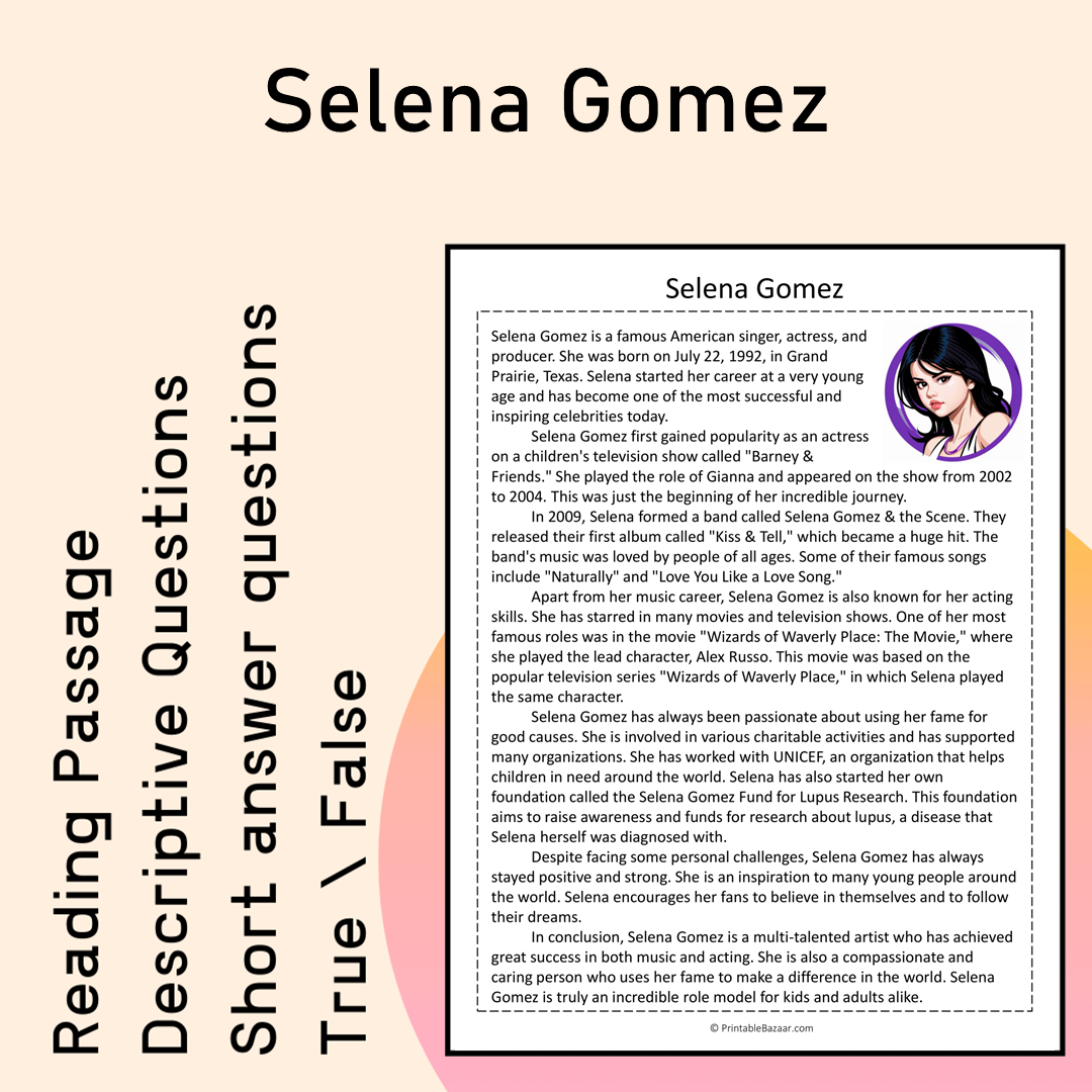 Selena Gomez | Reading Comprehension Passage Printable Activity