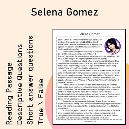 Selena Gomez | Reading Comprehension Passage Printable Activity