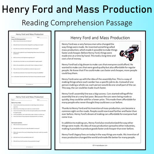 Henry Ford and Mass Production | Reading Comprehension Passage Printable Worksheet