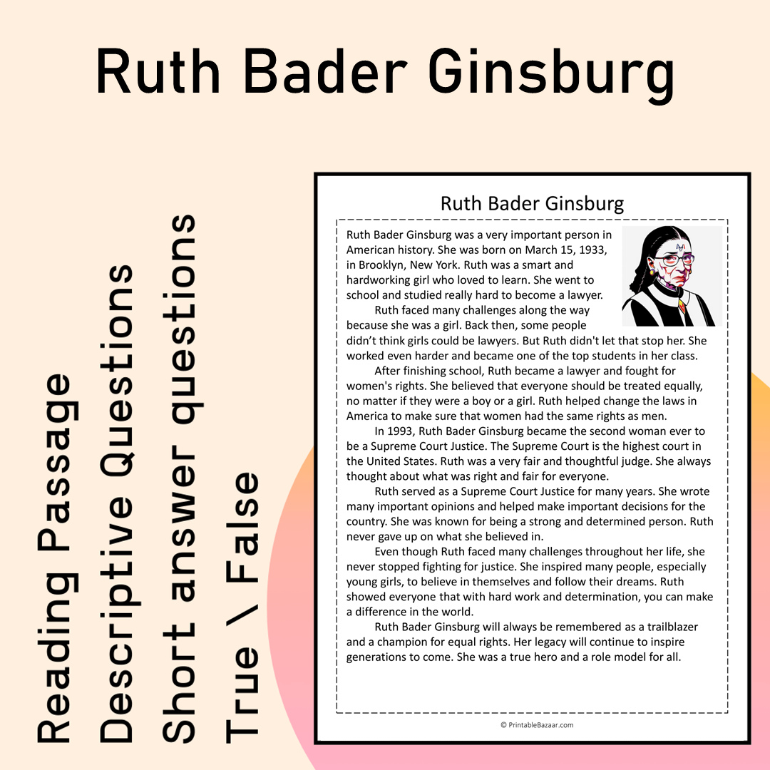 Ruth Bader Ginsburg | Reading Comprehension Passage Printable Activity