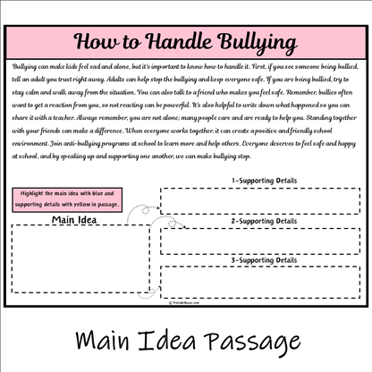 How to Handle Bullying | Main Idea and Supporting Details Reading Passage and Questions