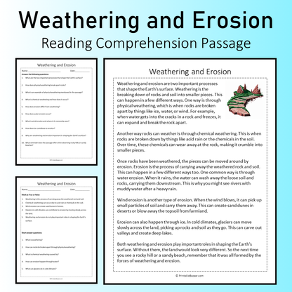 Weathering and Erosion | Reading Comprehension Passage Printable Worksheet