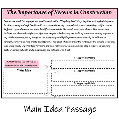 The Importance of Screws in Construction | Main Idea and Supporting Details Reading Passage and Questions