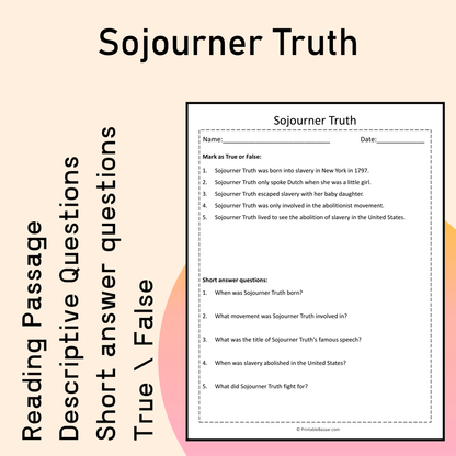 Sojourner Truth | Reading Comprehension Passage Printable Activity