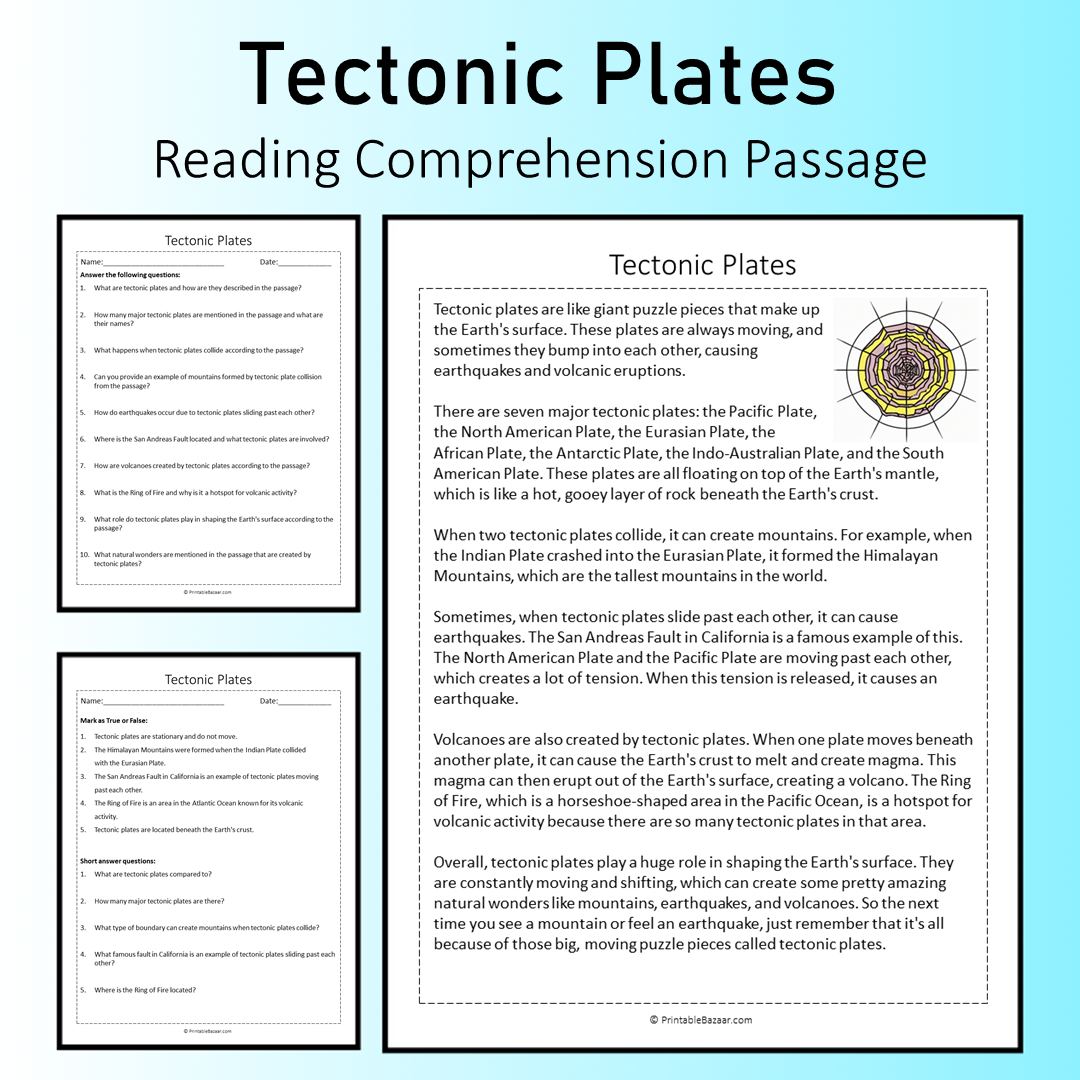 Tectonic Plates | Reading Comprehension Passage Printable Worksheet