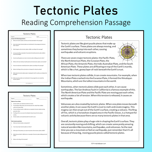 Tectonic Plates | Reading Comprehension Passage Printable Worksheet