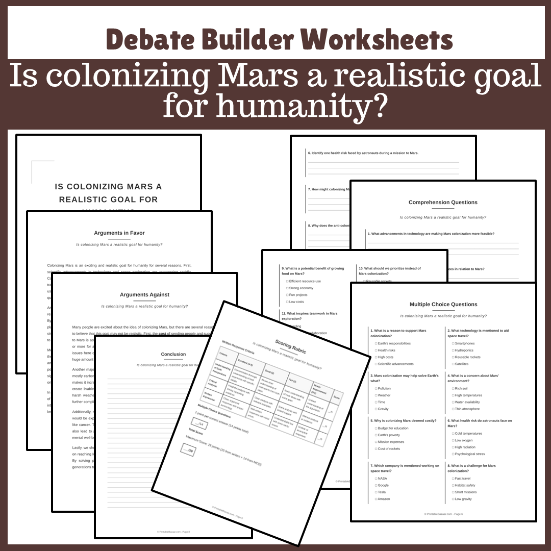 Is colonizing Mars a realistic goal for humanity? | Favour and Against Worksheet Printable Activity