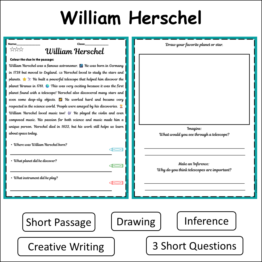 William Herschel | Short Reading Comprehension Creative Worksheet