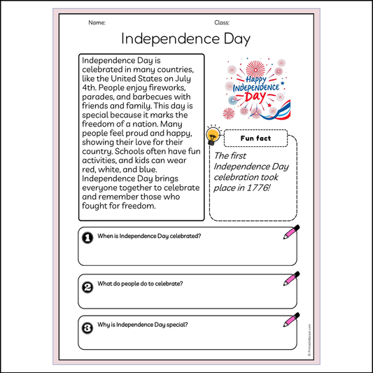 Independence Day | Reading Passage Comprehension Questions Writing Facts Worksheet