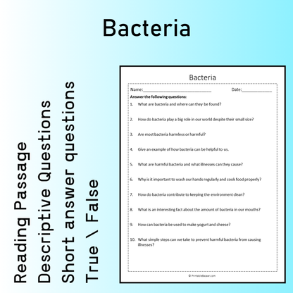 Bacteria | Reading Comprehension Passage Printable Worksheet