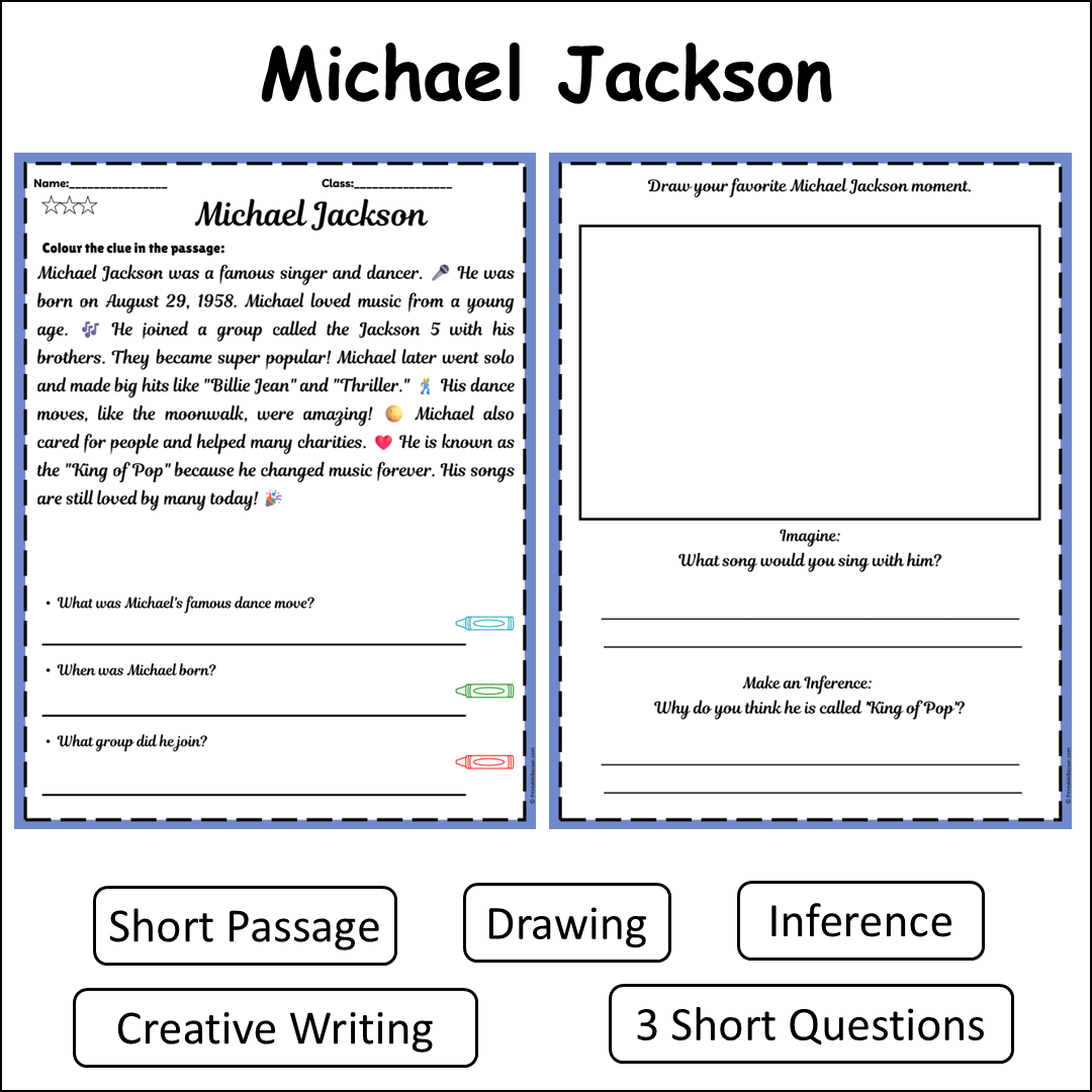 Michael Jackson | Short Reading Comprehension Creative Worksheet