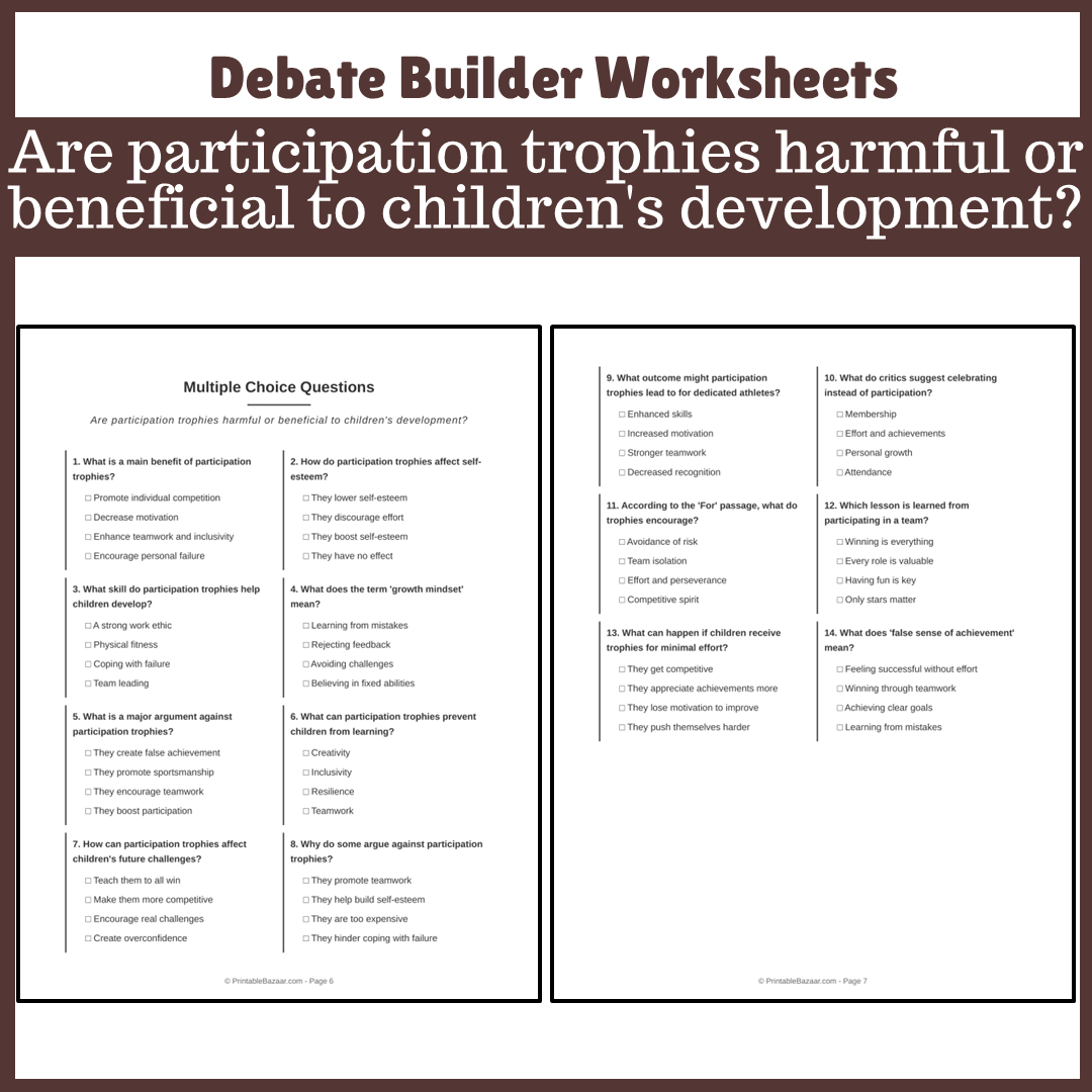 Are participation trophies harmful or beneficial to children's development? | Favour and Against Worksheet Printable Activity