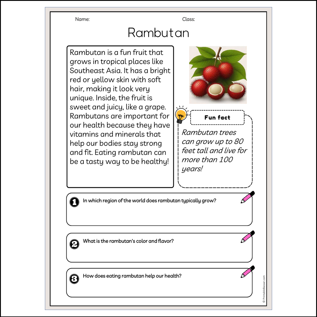 Rambutan | Reading Passage Comprehension Questions Writing Facts Worksheet