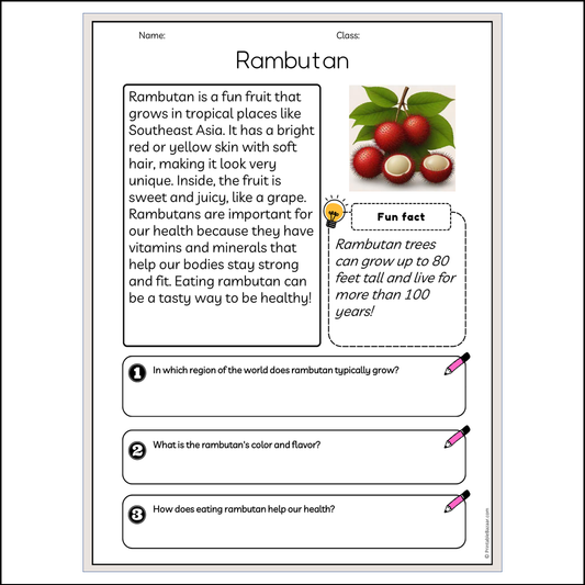 Rambutan | Reading Passage Comprehension Questions Writing Facts Worksheet