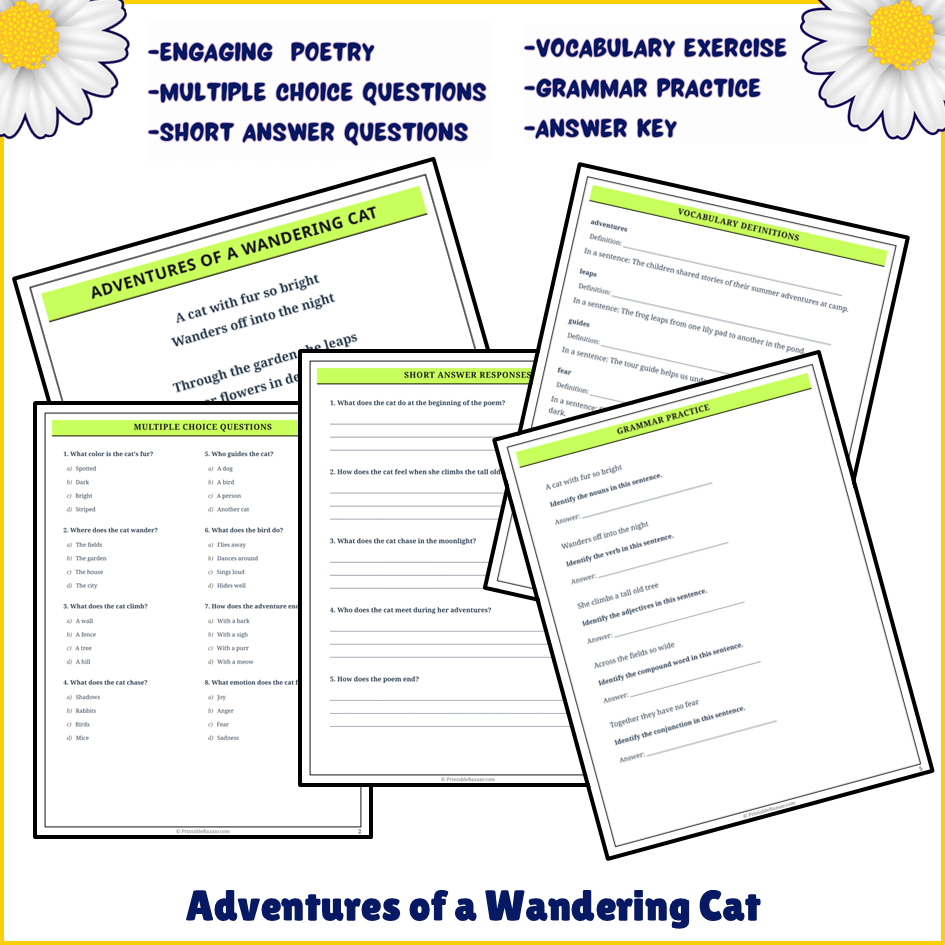 Adventures of a Wandering Cat | Poem Grammar Worksheet Printable Activity