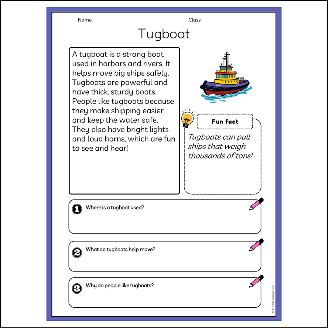 Tugboat | Reading Passage Comprehension Questions Writing Facts Worksheet