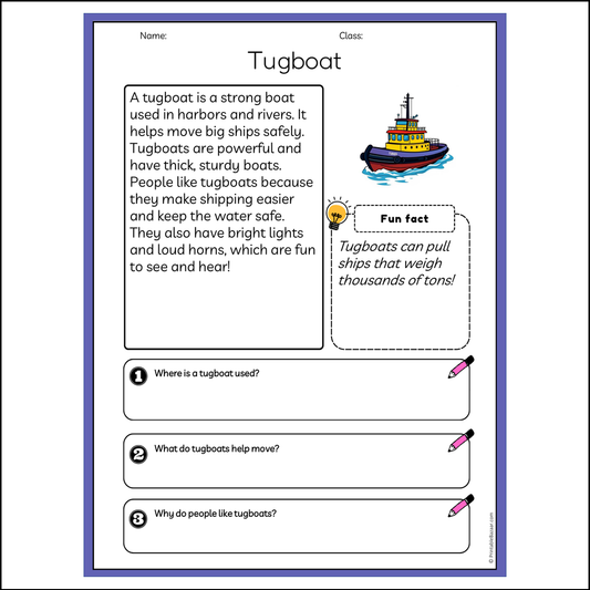 Tugboat | Reading Passage Comprehension Questions Writing Facts Worksheet