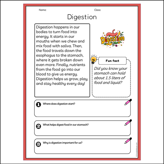 Digestion | Reading Passage Comprehension Questions Writing Facts Worksheet