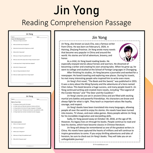 Jin Yong | Reading Comprehension Passage Printable Activity