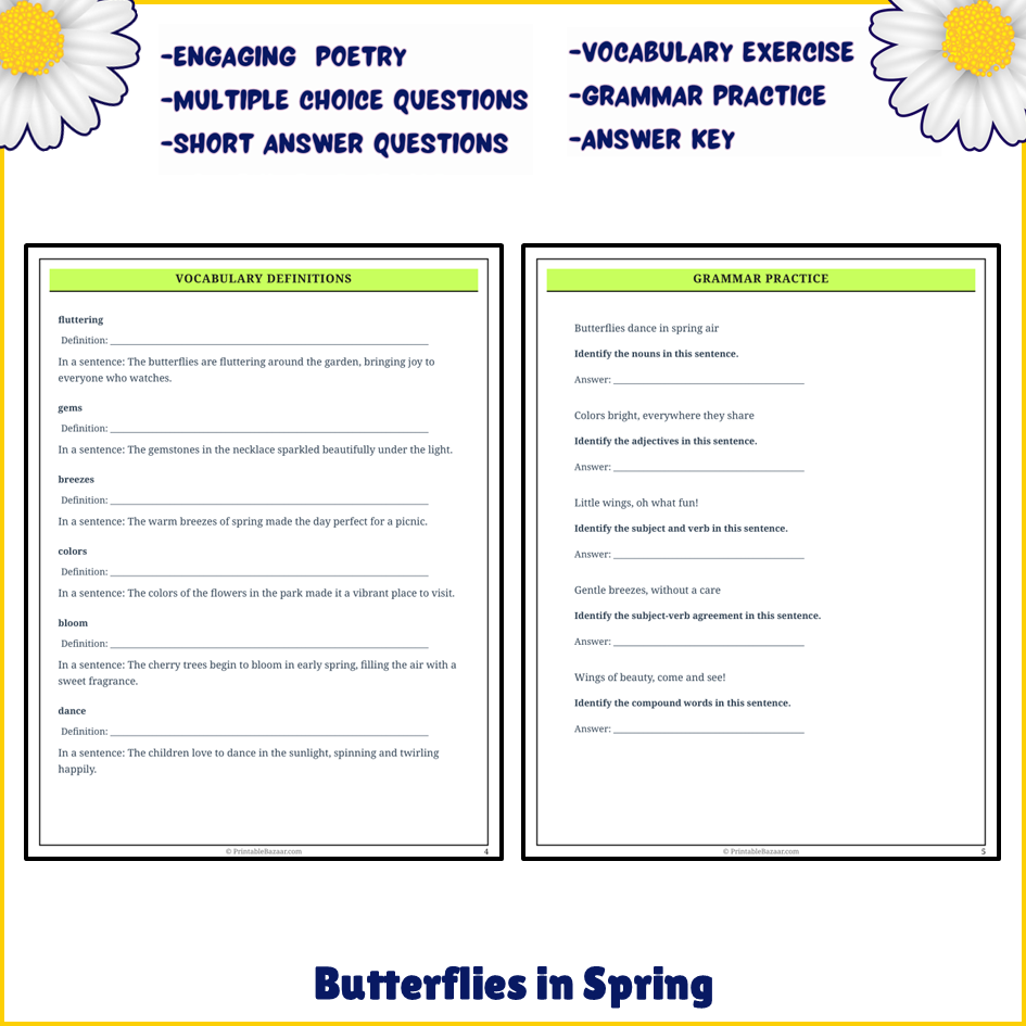 Butterflies in Spring | Poem Grammar Worksheet Printable Activity