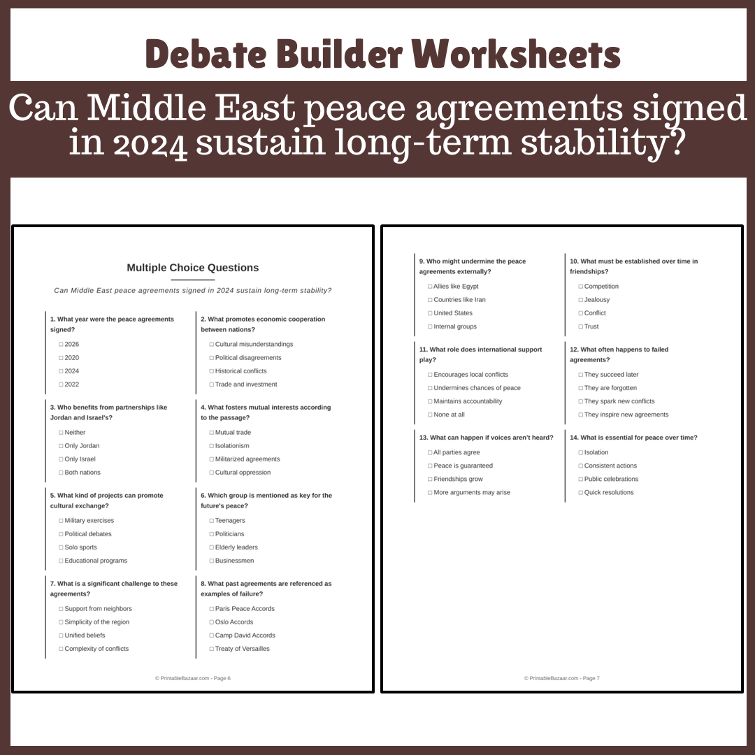 Can Middle East peace agreements signed in 2024 sustain long-term stability? | Favour and Against Worksheet Printable Activity