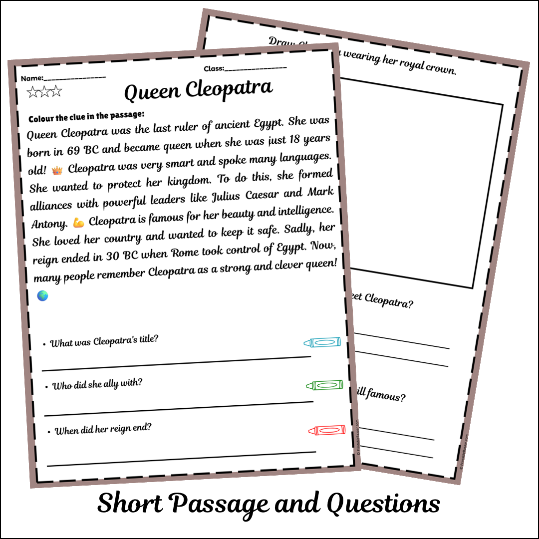 Queen Cleopatra | Short Reading Comprehension Creative Worksheet