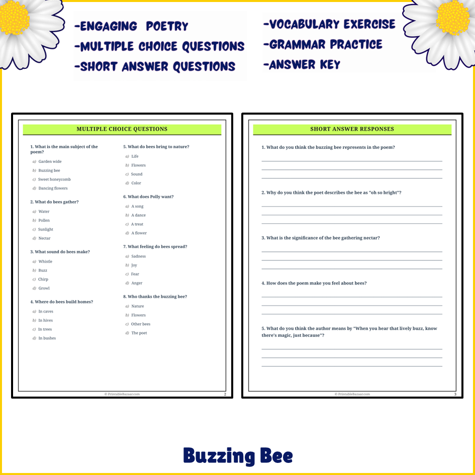 Buzzing Bee | Poem Grammar Worksheet Printable Activity