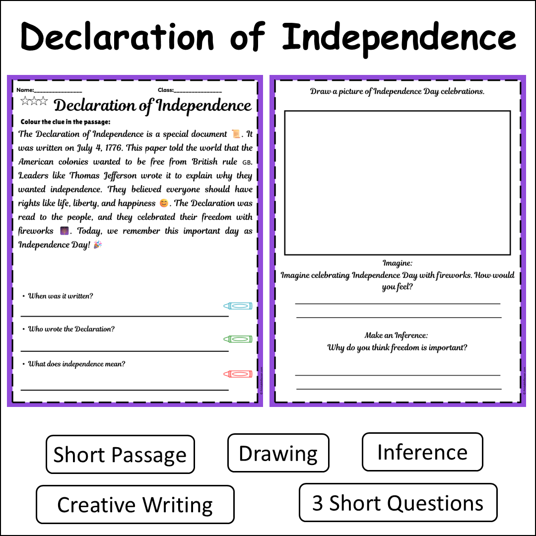 Declaration of Independence | Short Reading Comprehension Creative Worksheet
