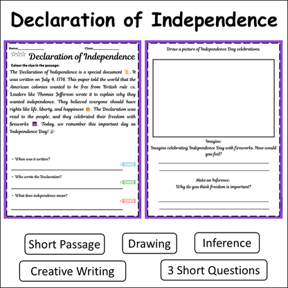 Declaration of Independence | Short Reading Comprehension Creative Worksheet