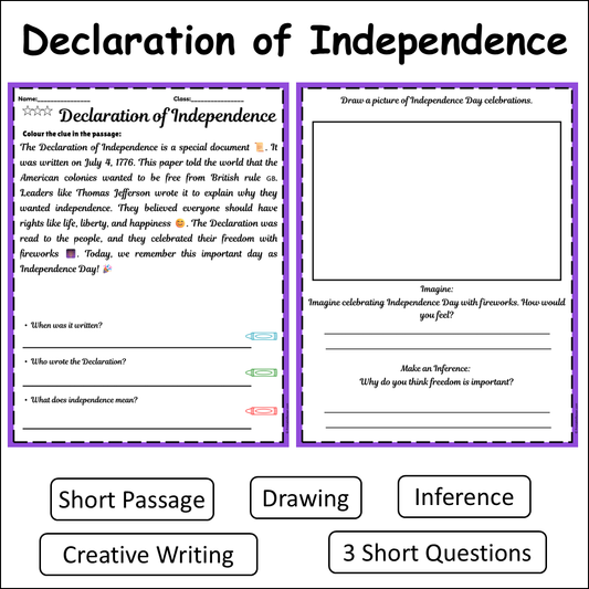 Declaration of Independence | Short Reading Comprehension Creative Worksheet