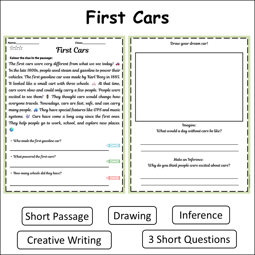 First Cars | Short Reading Comprehension Creative Worksheet