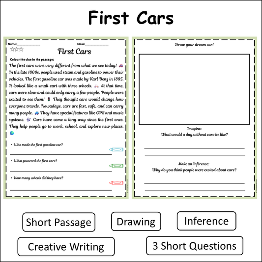 First Cars | Short Reading Comprehension Creative Worksheet