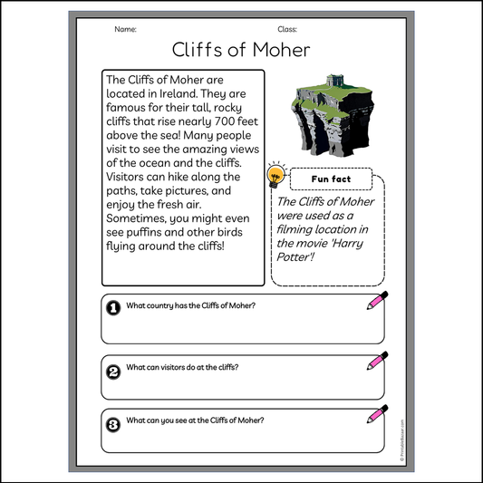 Cliffs of Moher | Reading Passage Comprehension Questions Writing Facts Worksheet