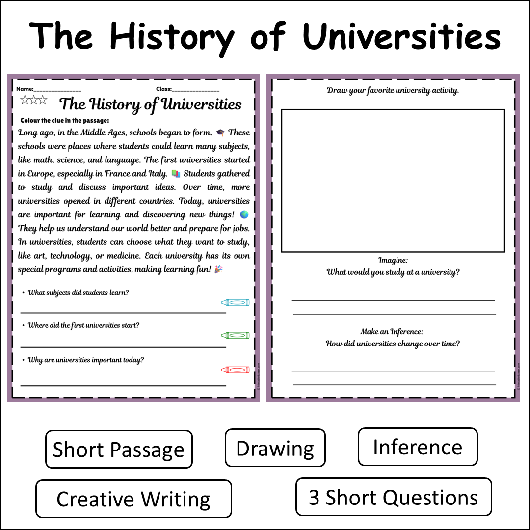 The History of Universities | Short Reading Comprehension Creative Worksheet