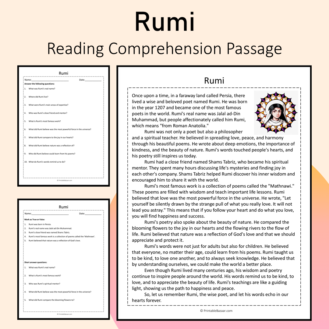 Rumi | Reading Comprehension Passage Printable Activity