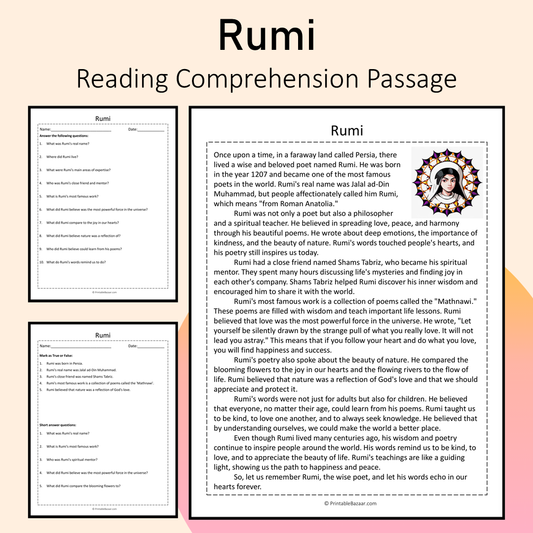 Rumi | Reading Comprehension Passage Printable Activity