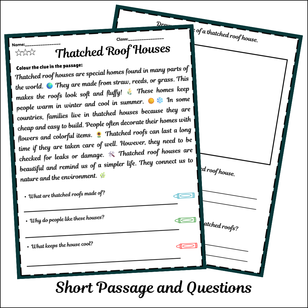 Thatched Roof Houses | Short Reading Comprehension Creative Worksheet