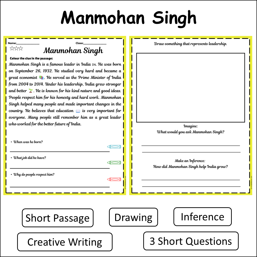 Manmohan Singh | Short Reading Comprehension Creative Worksheet
