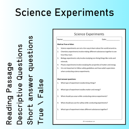 Science Experiments | Reading Comprehension Passage Printable Worksheet