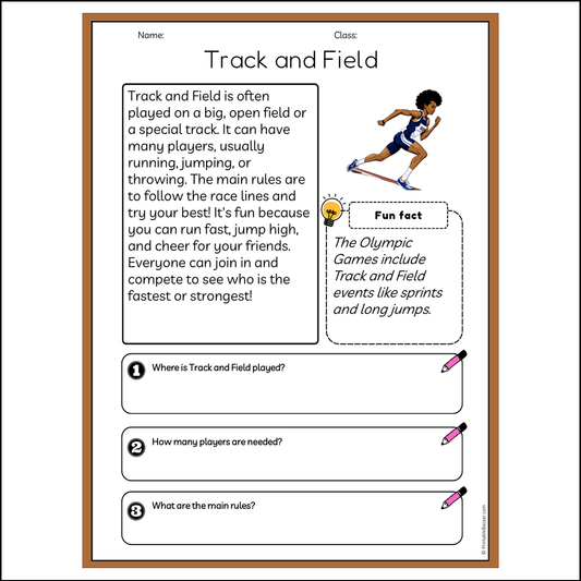 Track and Field | Reading Passage Comprehension Questions Writing Facts Worksheet